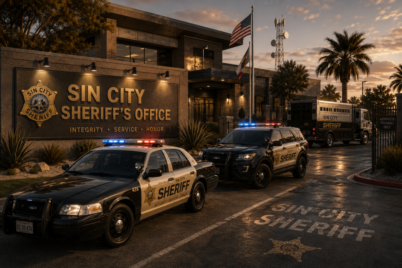 Sin City Sheriff's Office headquarters at dusk